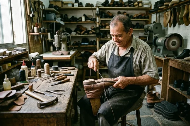 Sapatos sendo reparados em uma oficina de sapateiro em Itaguaí.