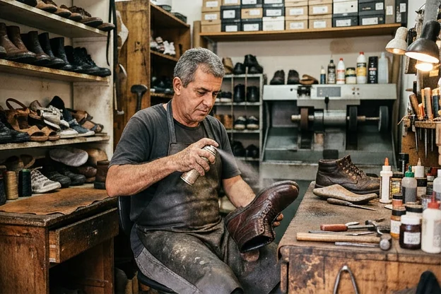 Sapatos sendo impermeabilizados por um profissional em uma oficina de sapateiro em Itaguaí.