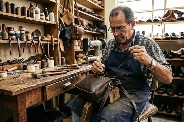 Reforma de bolsa de couro sendo feita por um sapateiro em Itaguaí.