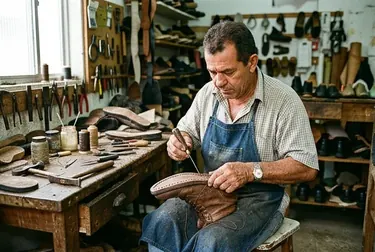 Costura de calçados em andamento realizada por um sapateiro em Itaguaí.
