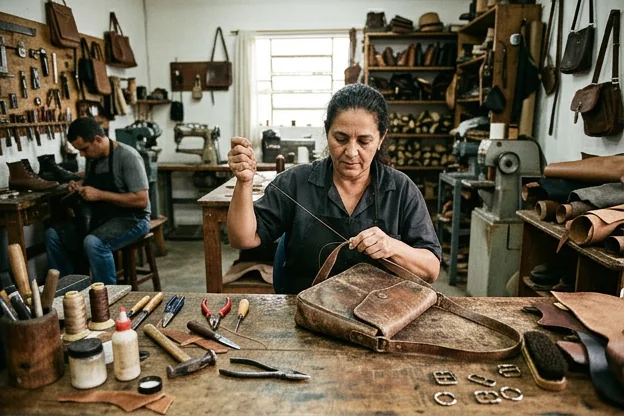Bolsa de couro sendo reformada por um sapateiro em Itaguaí, com foco nas técnicas utilizadas.